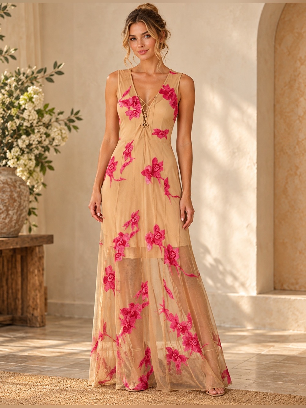 A.Peach Size L Nude Pink Floral Embroidered Mesh Maxi Dress